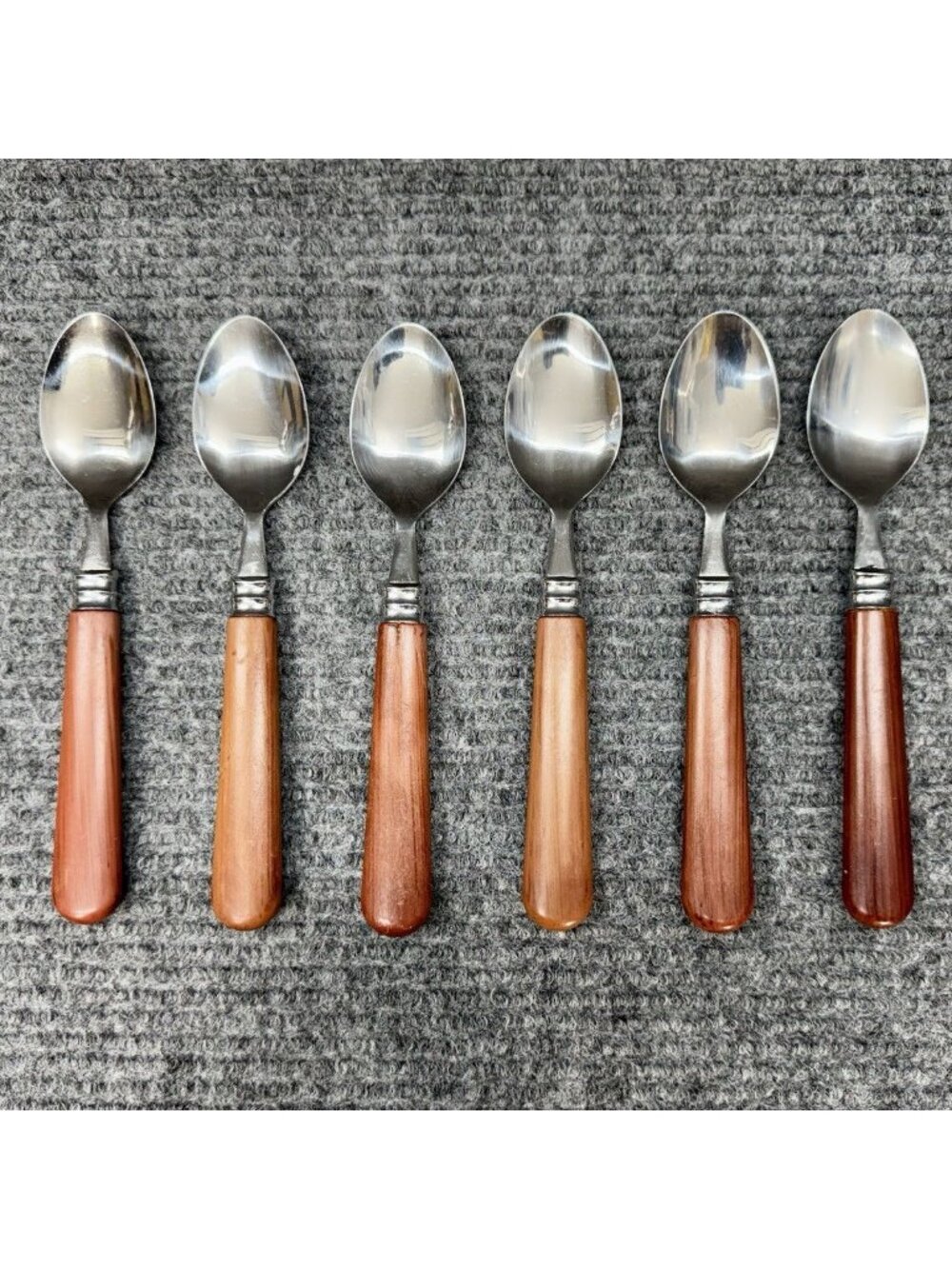 Faberware Silverware Lot Of 6 Spoons Faux Wood Brown Handle Set Oval Vintage
